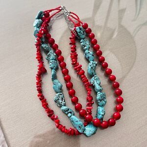 Bold Coral And Turquoise Beaded Necklace